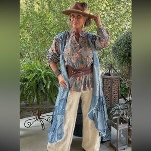 SOLD!!!!Jaded Gypsy Patchwork Skies Hooded Vest Duster S/M Women's Blue Denim